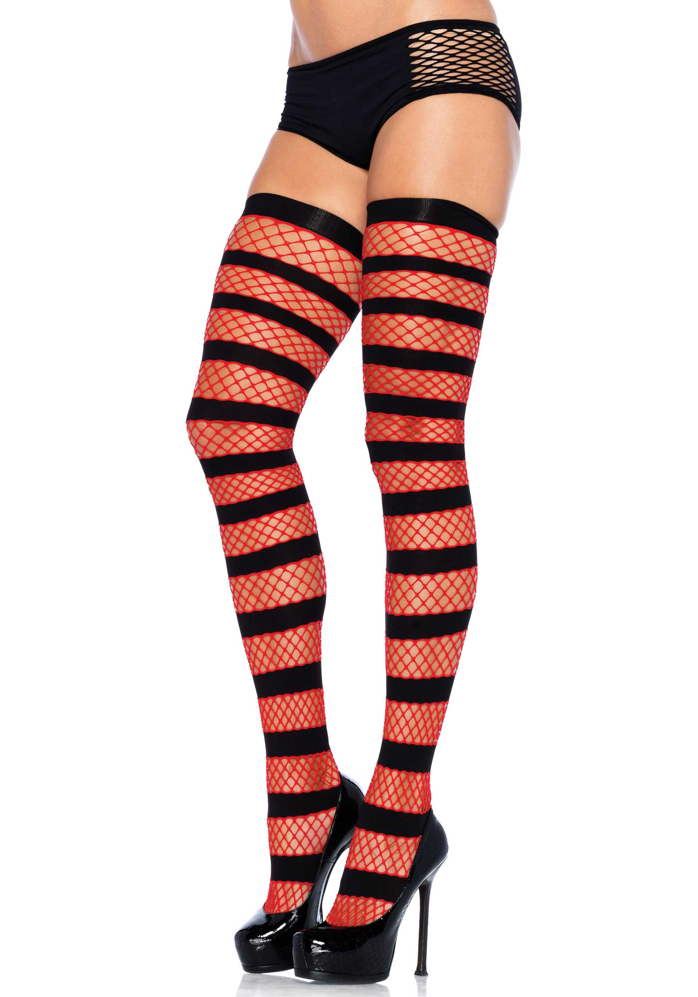 Striped Fishnet Stockings Black Red