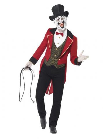 Ringmaster, Circus, scary, black, red, gold, white.