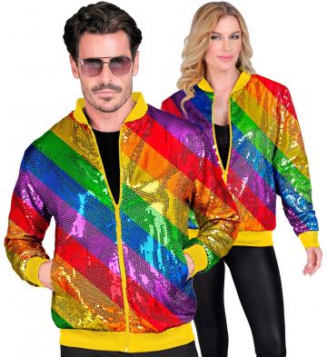 Front view rainbow sequin bomber jacket