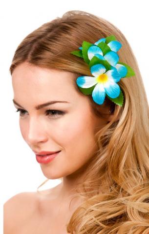 Hawaiian Hair-Clip Flower Sky Blue - Being Modelled