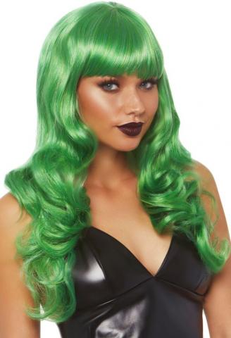 Long Wavy Wig with Bangs Green - Front View