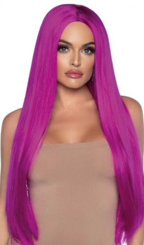 Long Straight Centre Part Wig Vibrant Pink - Close up