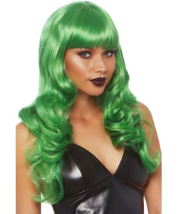 Long Wavy Wig with Bangs Green - Front View