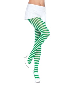 Striped Nylon Tights - White/Kelly Green